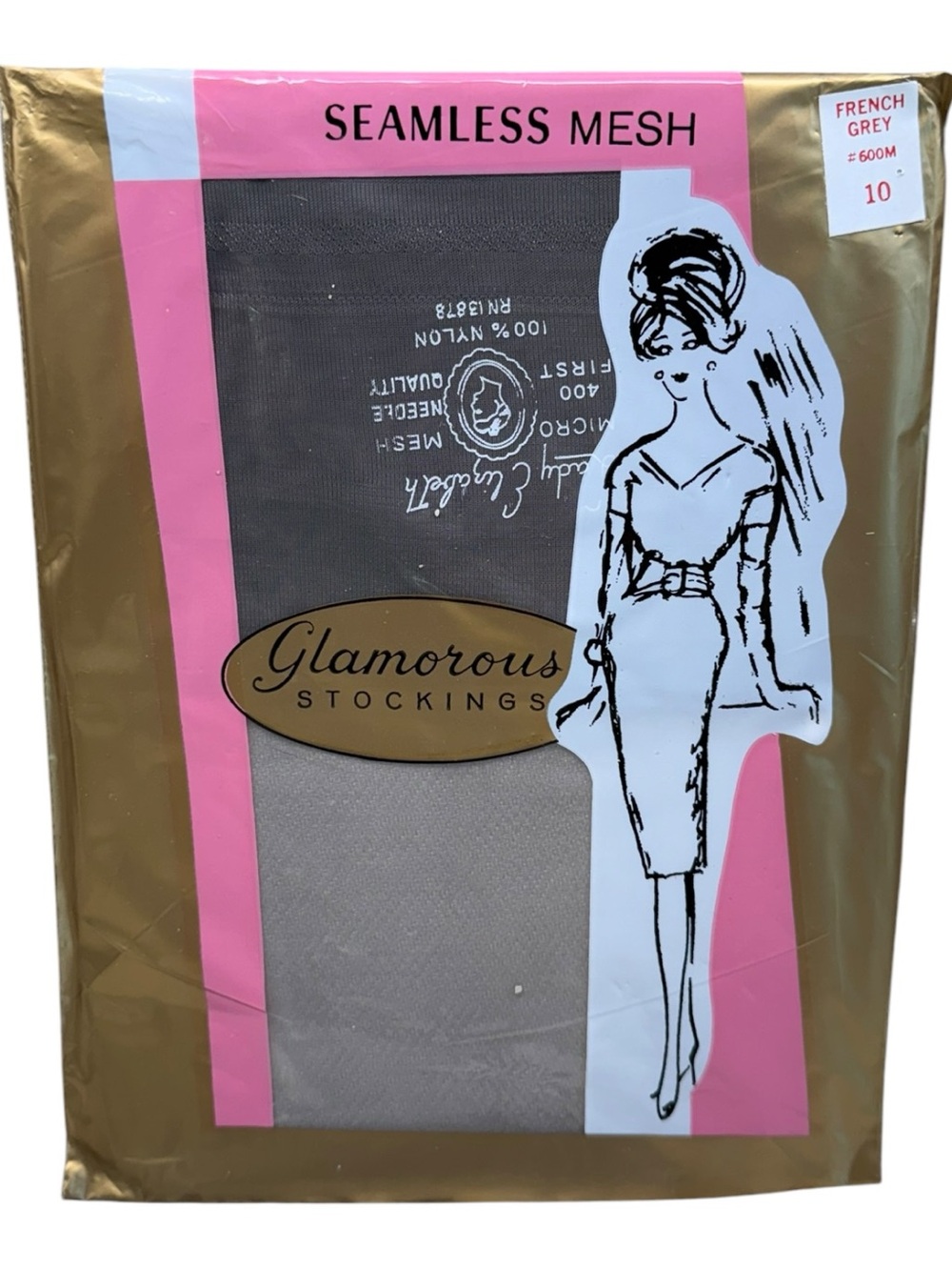 Vintage Lady Elizabeth Seamless Sheer Micro Mesh Stockings French Grey Size 10
